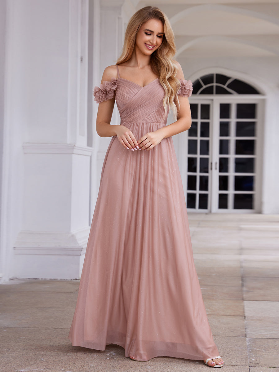 Sparkling V-Neck Floral Cold-Shoulder Evening Dress with Pleated #color_Pink