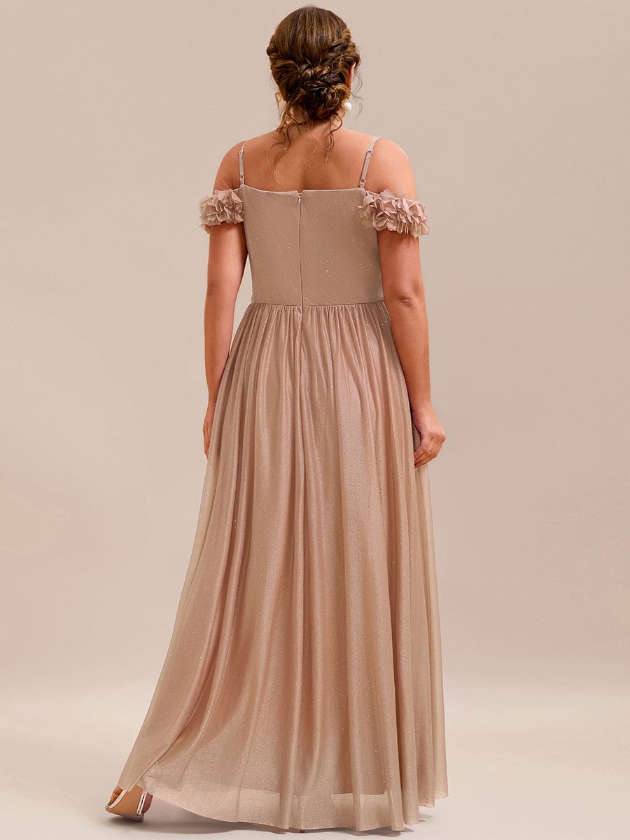 Sparkling V-Neck Floral Cold-Shoulder Evening Dress with Pleated #color_Rose Gold