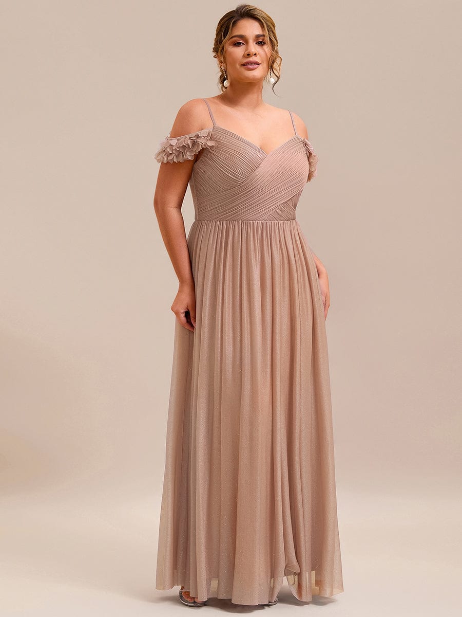 Sparkling V-Neck Floral Cold-Shoulder Evening Dress with Pleated #color_Rose Gold
