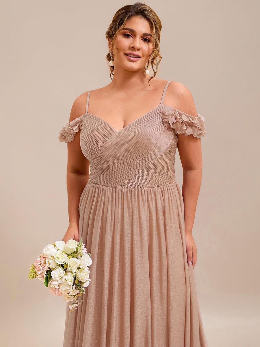 Sparkling V-Neck Floral Cold-Shoulder Evening Dress with Pleated #color_Rose Gold