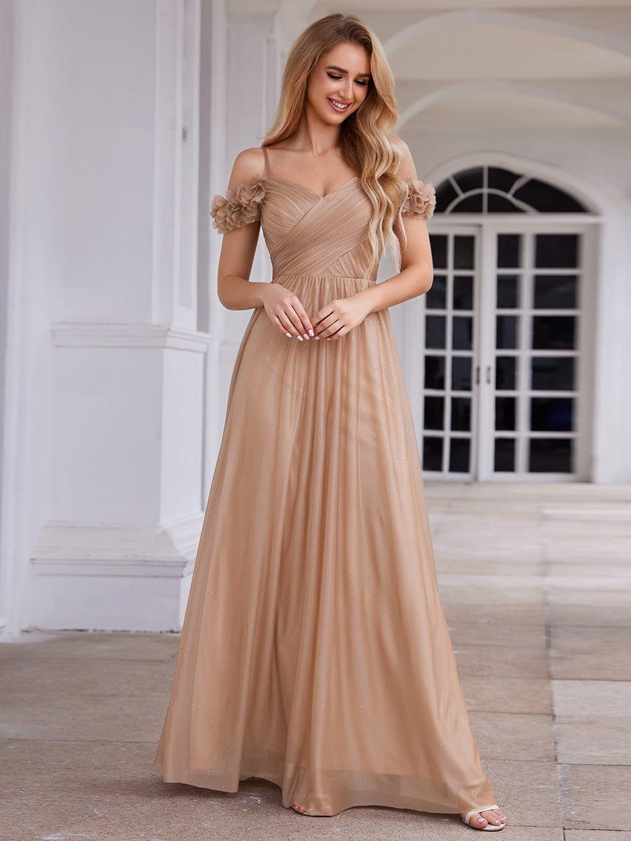 Sparkling V-Neck Floral Cold-Shoulder Evening Dress with Pleated #color_Rose Gold