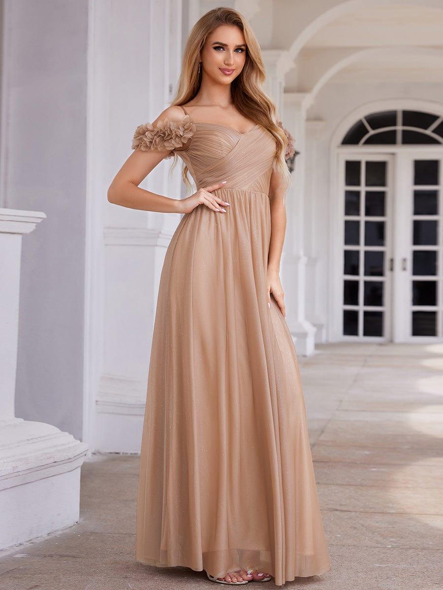 Sparkling V-Neck Floral Cold-Shoulder Evening Dress with Pleated #color_Rose Gold