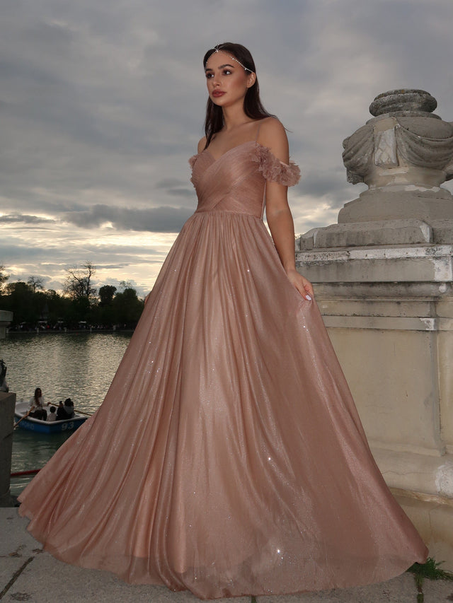 ever AYLANI|Sparkling V-Neck Floral Cold-Shoulder Evening Dress with Pleated Fan Photos 1
