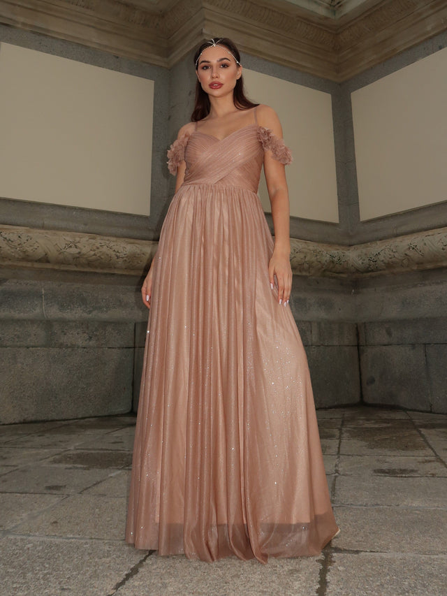 ever AYLANI|Sparkling V-Neck Floral Cold-Shoulder Evening Dress with Pleated Fan Photos 3
