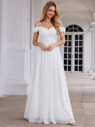 ever AYLANI|Sparkling V-Neck Floral Cold-Shoulder Evening Dress with Pleated