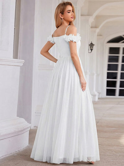 Sparkling V-Neck Floral Cold-Shoulder Evening Dress with Pleated #color_White