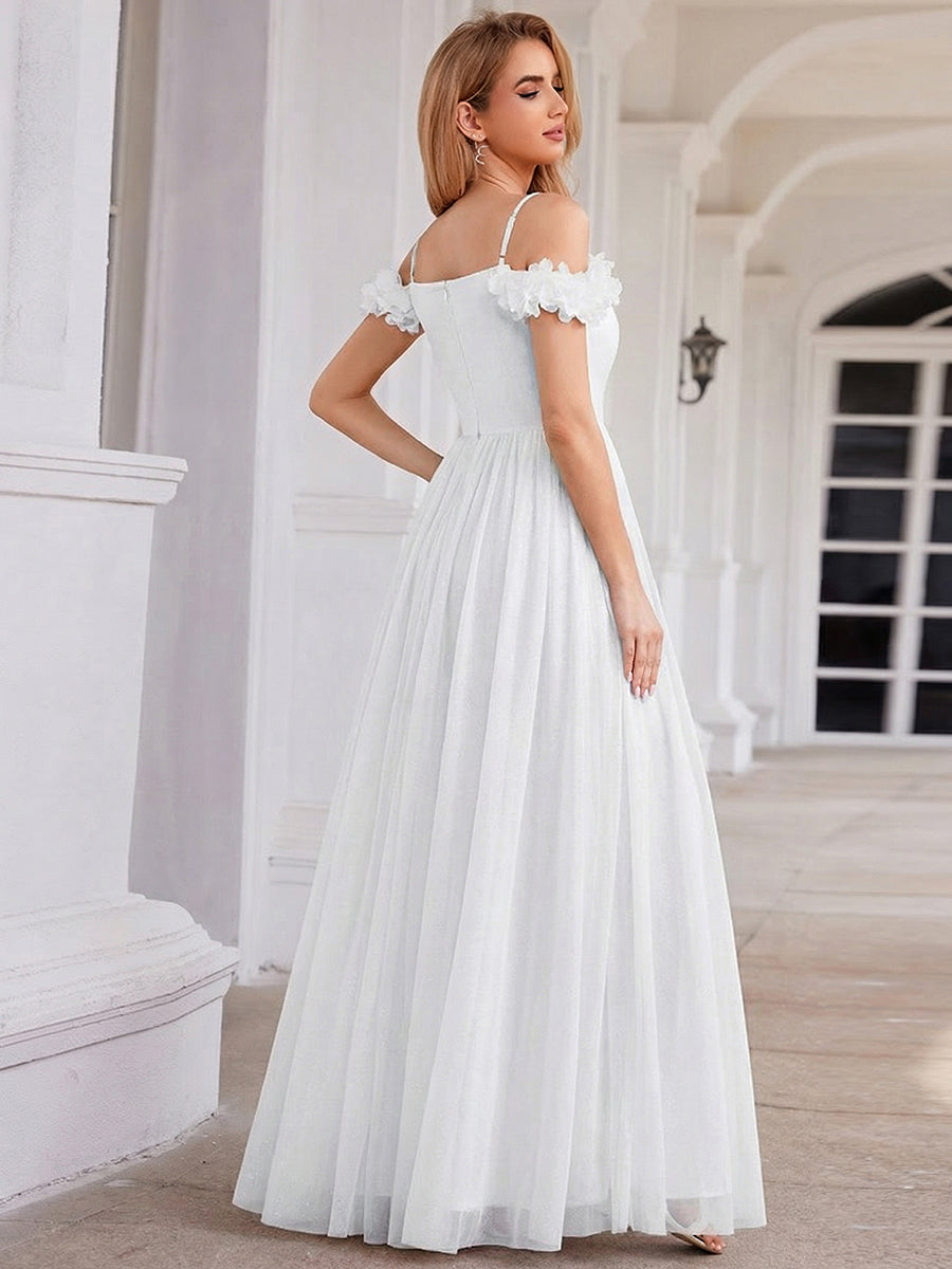Sparkling V-Neck Floral Cold-Shoulder Evening Dress with Pleated #color_White