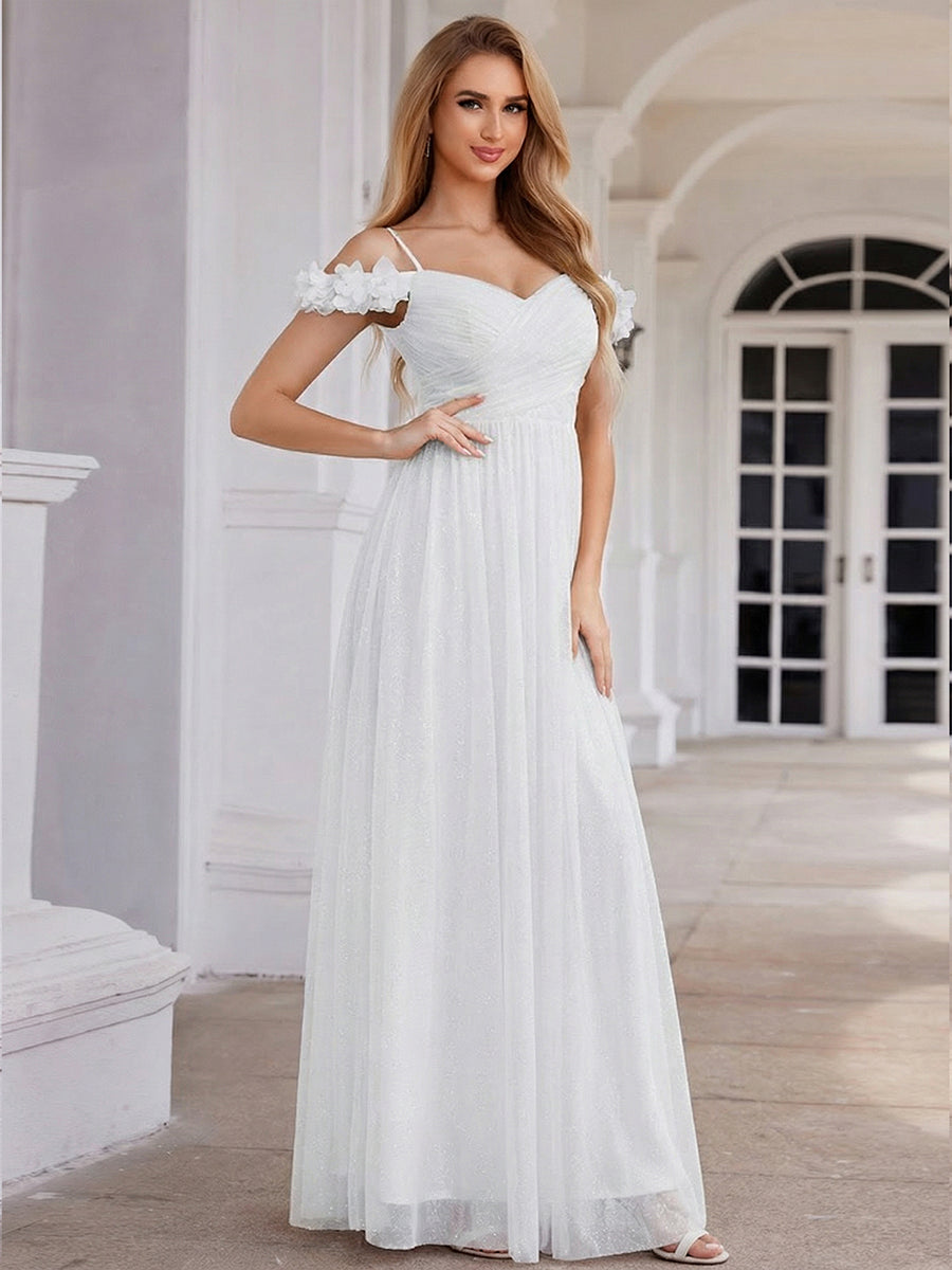 Sparkling V-Neck Floral Cold-Shoulder Evening Dress with Pleated #color_White
