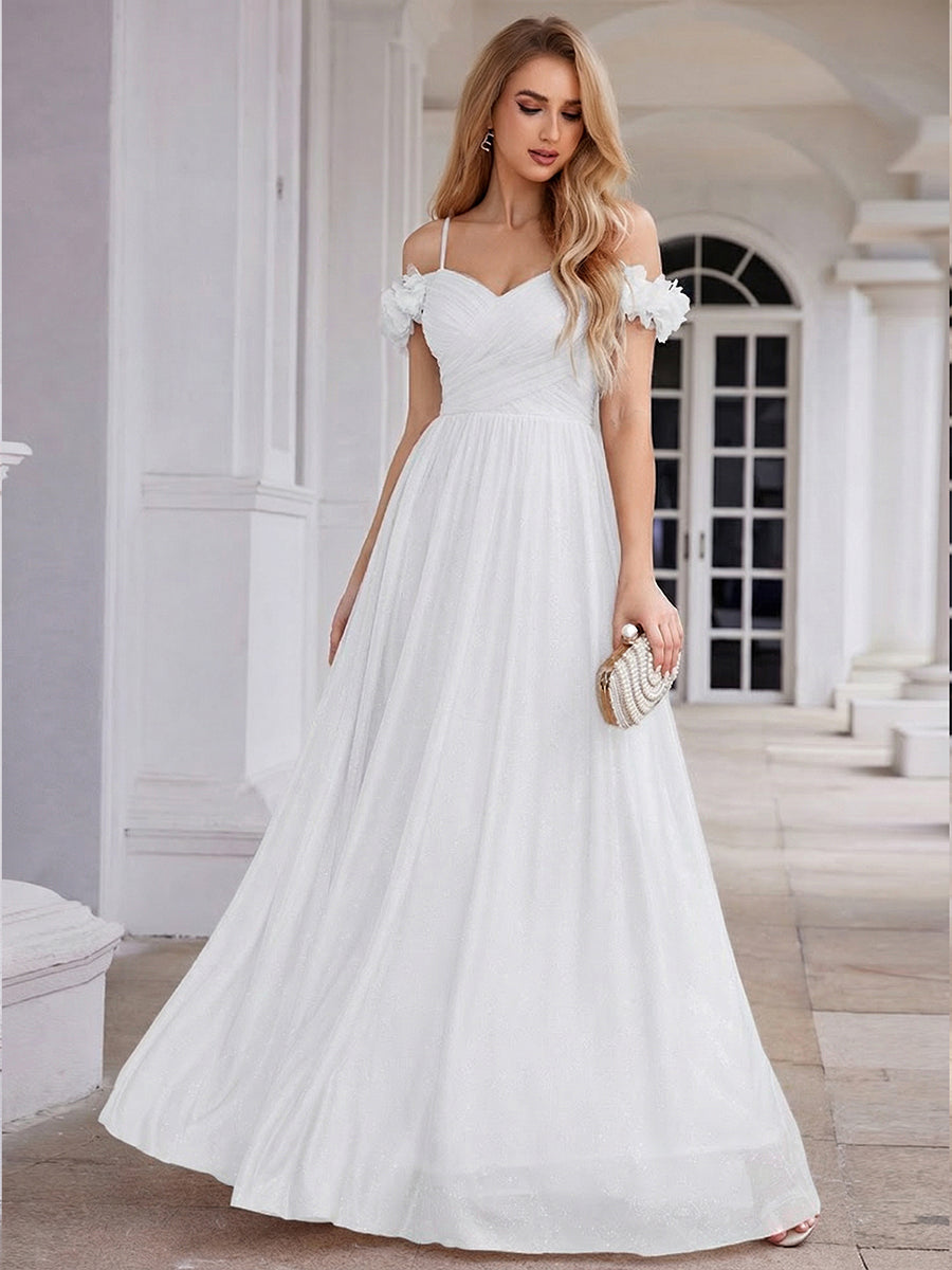 Sparkling V-Neck Floral Cold-Shoulder Evening Dress with Pleated #color_White