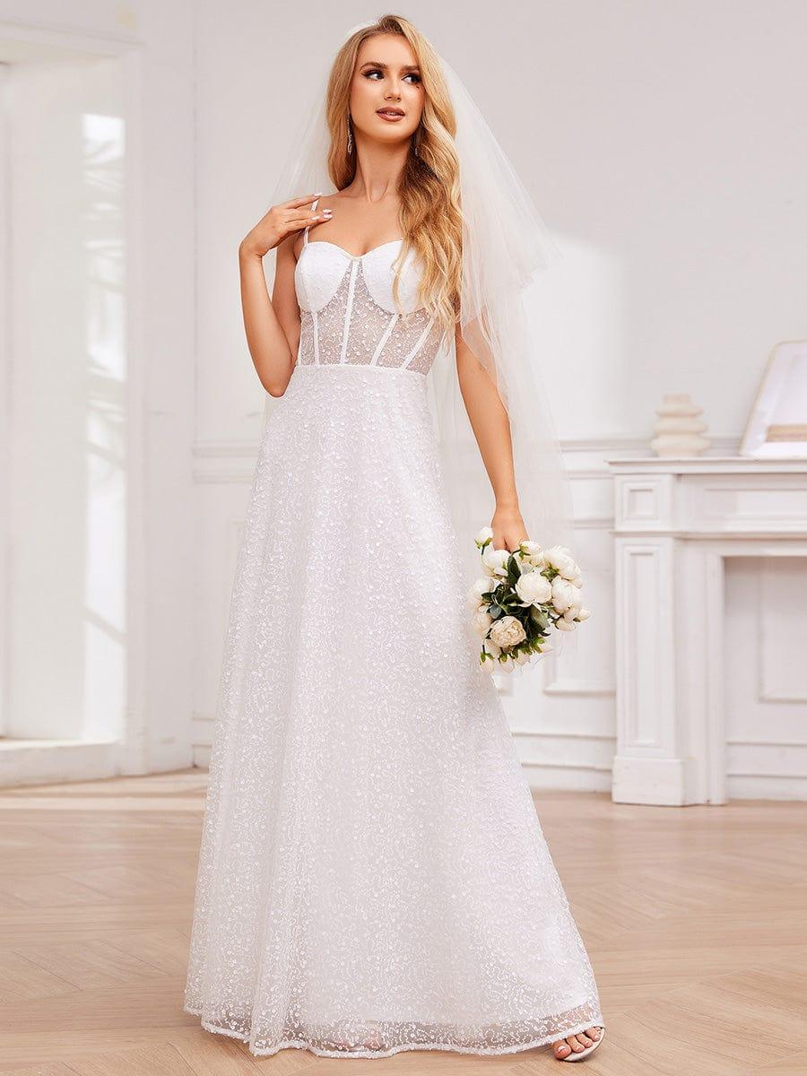 Elegant Sequin Spaghetti Strap Corset Formal Evening Dress #color_White