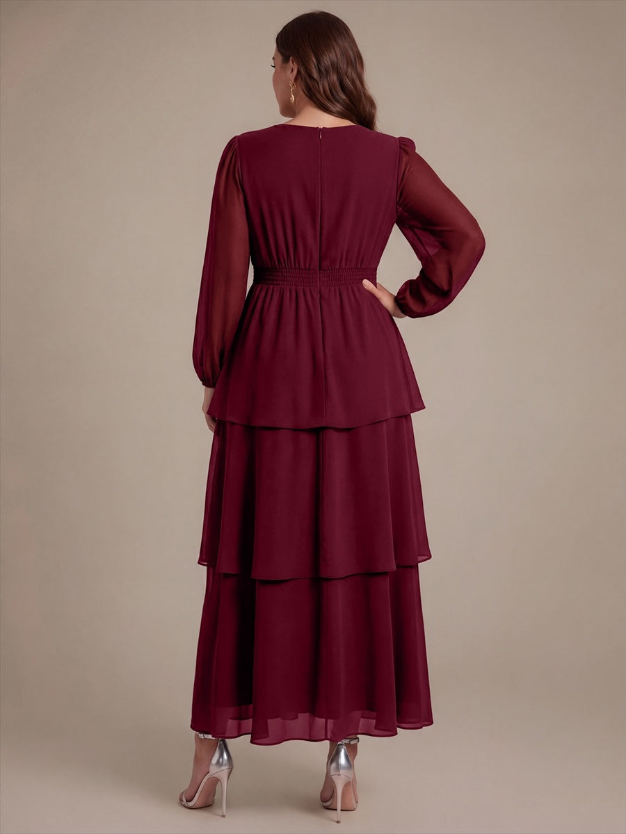 Chiffon Puff Sleeve A-Line Wedding Guest Dress #color_Burgundy