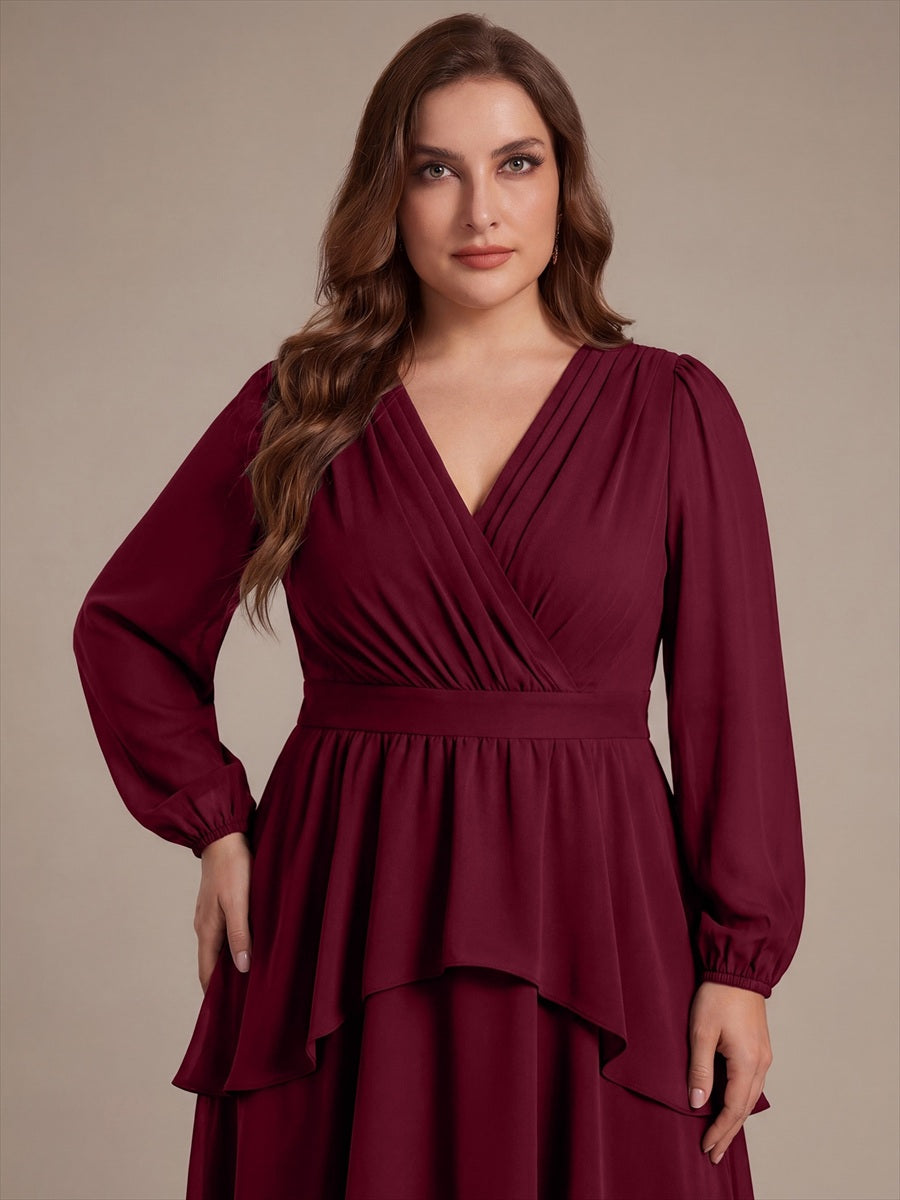 Plus Size Chiffon Puff Sleeve Wedding Guest Dress #color_Burgundy