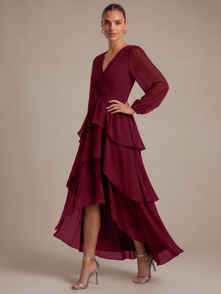 Chiffon Puff Sleeve A-Line Wedding Guest Dress #color_Burgundy