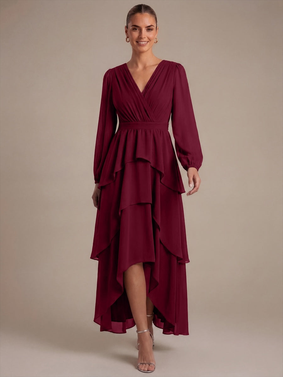 Chiffon Puff Sleeve A-Line Wedding Guest Dress #color_Burgundy