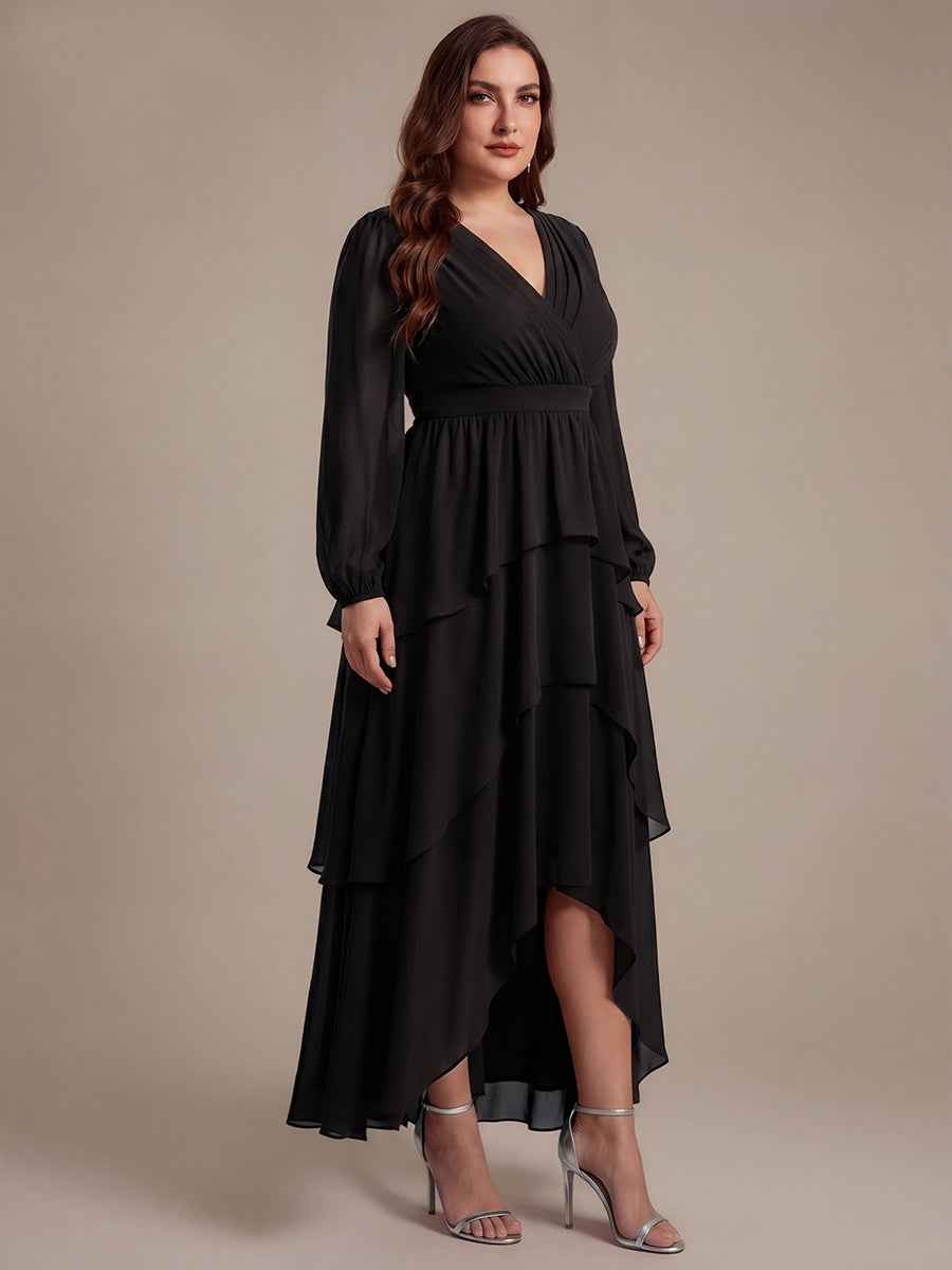 Plus Size Chiffon Puff Sleeve Wedding Guest Dress #color_Black