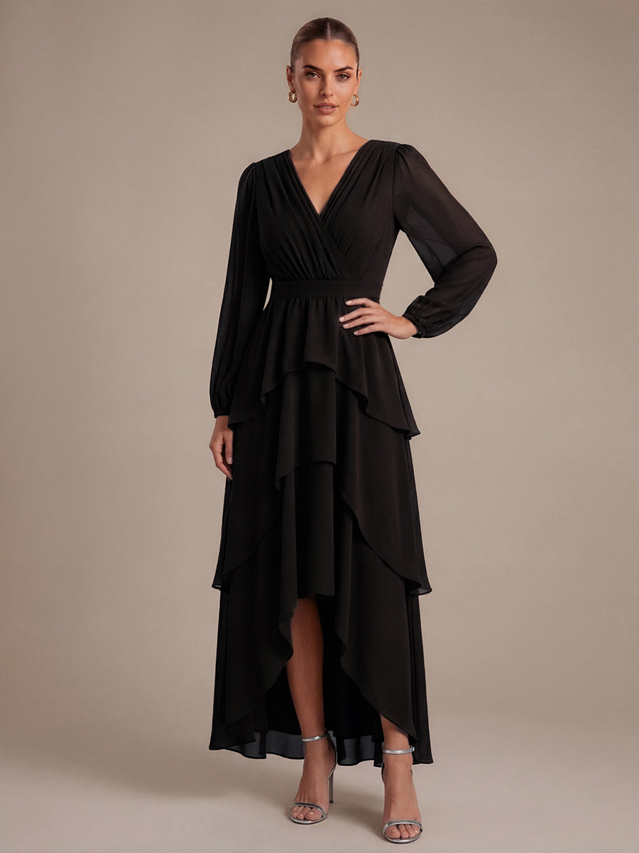 Chiffon Puff Sleeve A-Line Wedding Guest Dress #color_Black