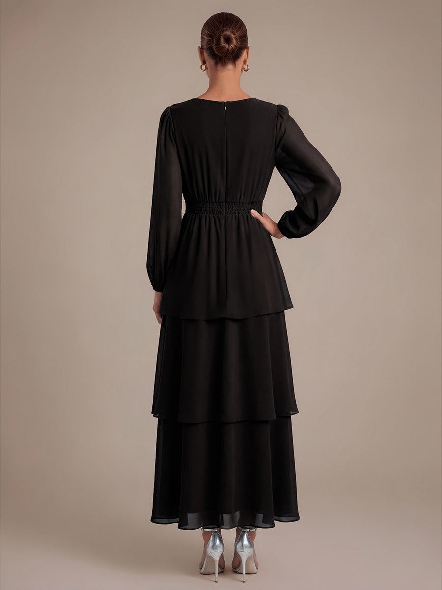 Chiffon Puff Sleeve A-Line Wedding Guest Dress #color_Black