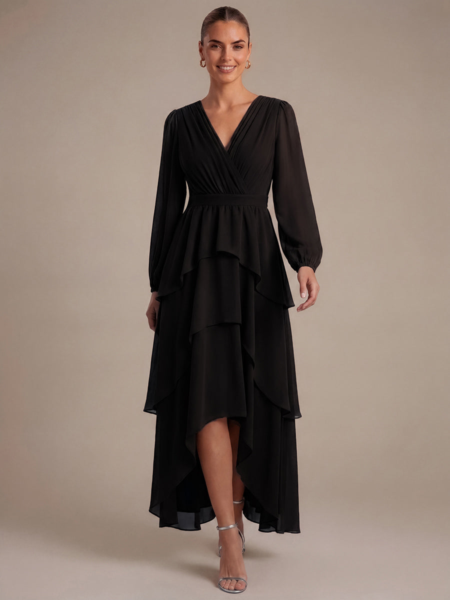 Chiffon Puff Sleeve A-Line Wedding Guest Dress #color_Black