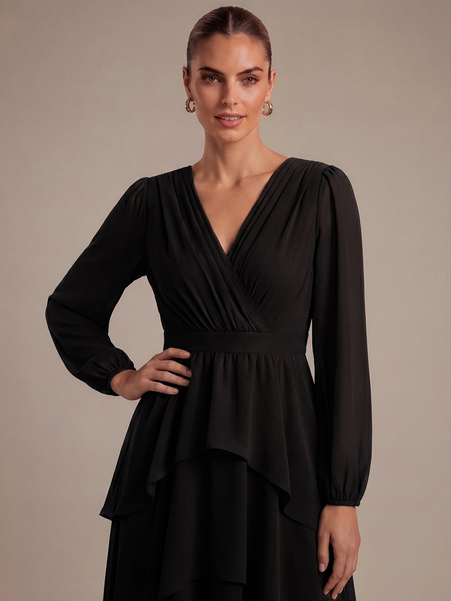 Chiffon Puff Sleeve A-Line Wedding Guest Dress #color_Black