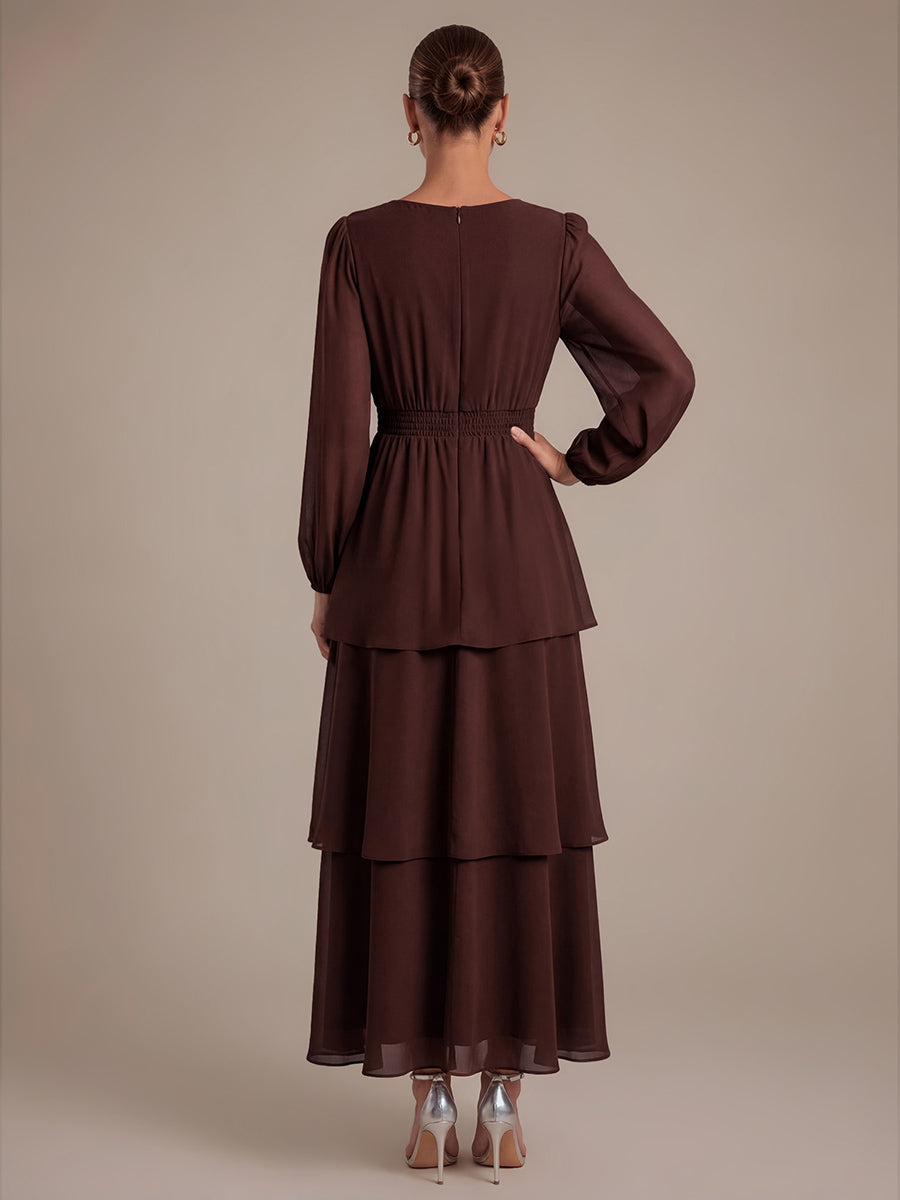 Chiffon Puff Sleeve A-Line Wedding Guest Dress #color_Chocolate Brown
