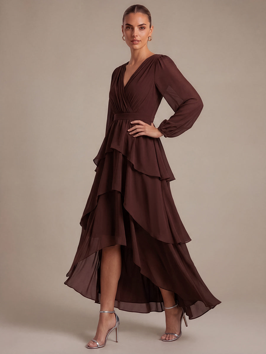 Chiffon Puff Sleeve A-Line Wedding Guest Dress #color_Chocolate Brown