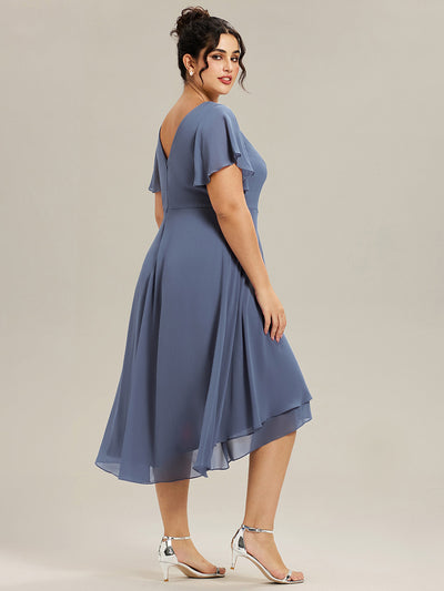 Plus Size Flowing Chiffon V-Neck Ruffle Sleeves Bridesmaid Dress  #color_Dusty Blue