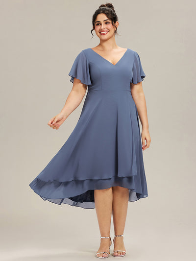 Plus Size Flowing Chiffon V-Neck Ruffle Sleeves Bridesmaid Dress  #color_Dusty Blue
