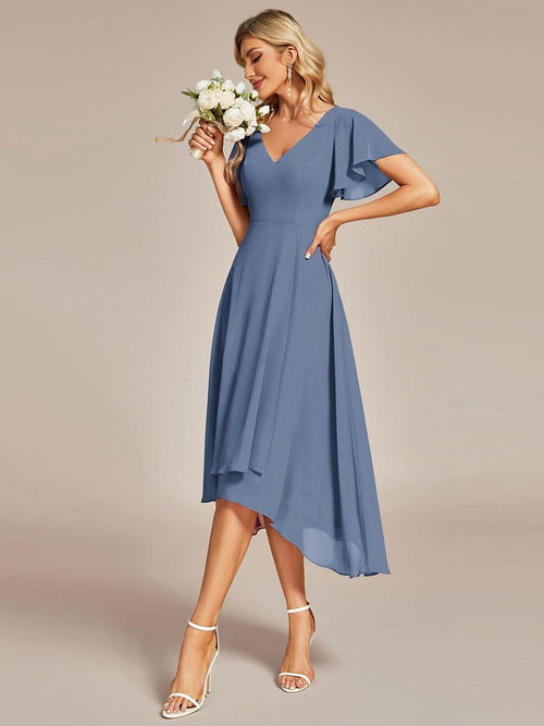 V-Neck Aline Ruffle Chiffon Bridesmaid Dress Sleeveless Floral Evening Swing Dress main image 0