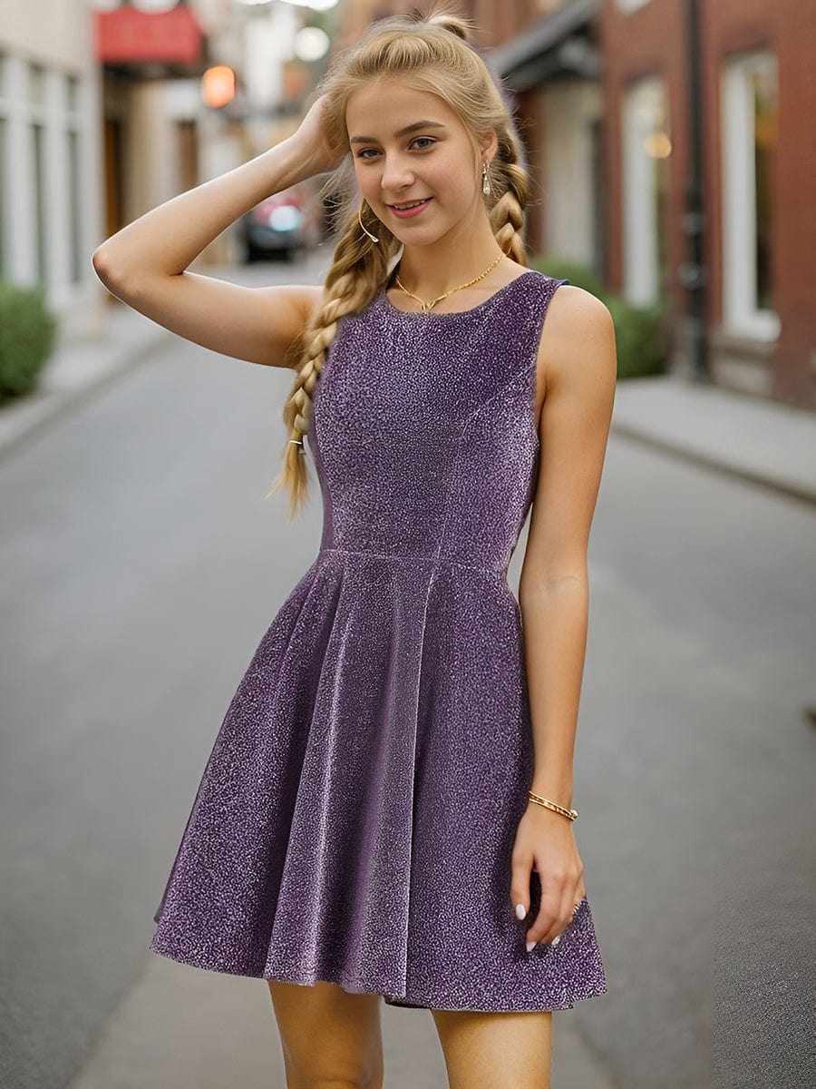 Glitter Short Round Neckline Sleeveless Wedding Guest Dress #color_Dark Purple