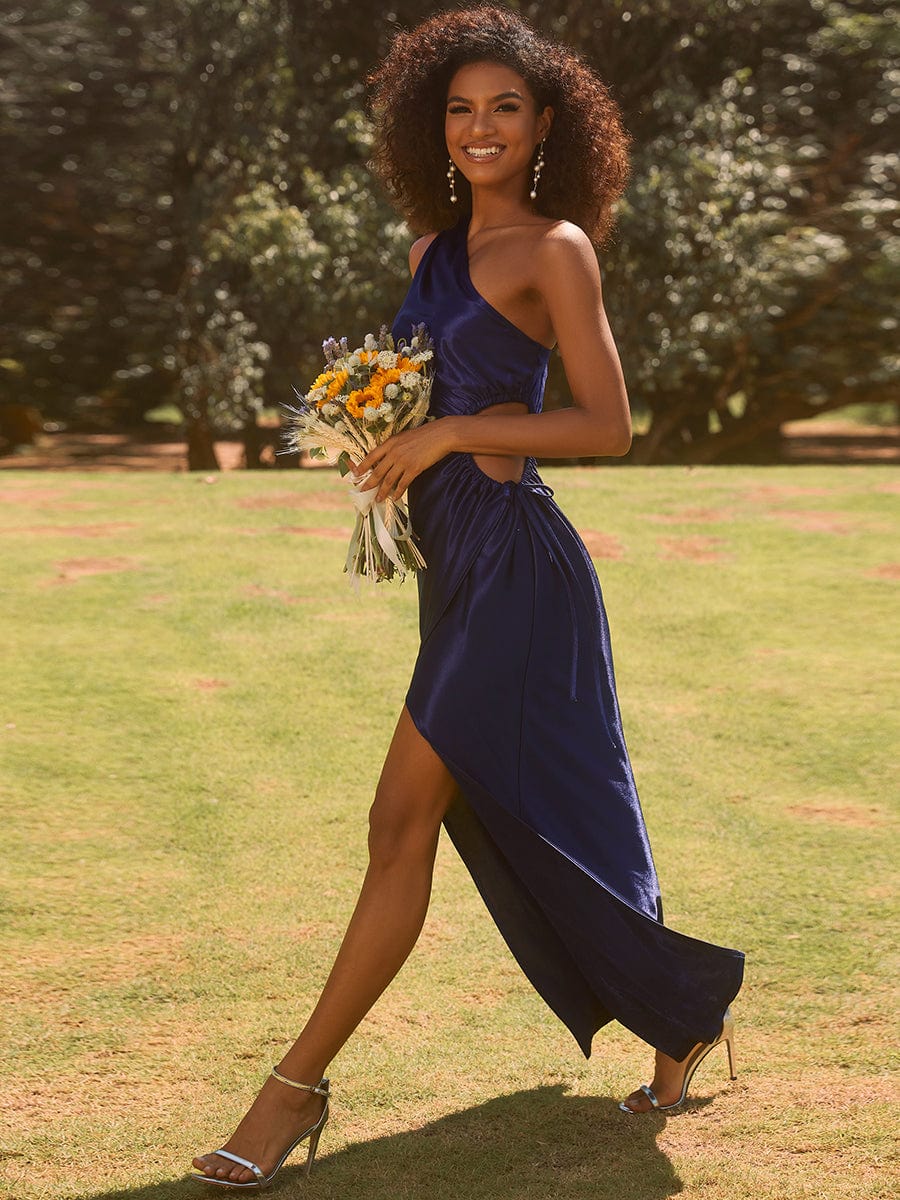 One Shoulder Elastic side waistband with hollow-out Satin Wedding Guest Dresses #color_Navy Blue