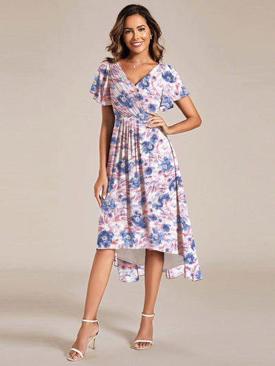 Elegant V-Neck Flowy High-Low Short Sleeve Wedding Guest Dress #color_Azure Bream