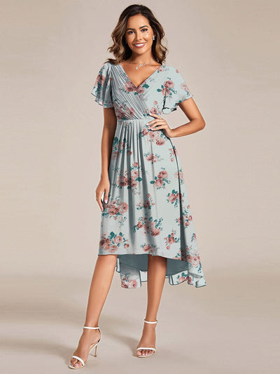 Elegant V-Neck Flowy High-Low Short Sleeve Wedding Guest Dress #color_Amber Bloom