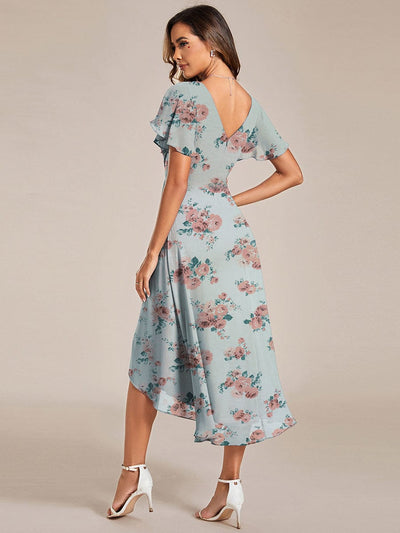 Elegant V-Neck Flowy High-Low Short Sleeve Wedding Guest Dress #color_Amber Bloom