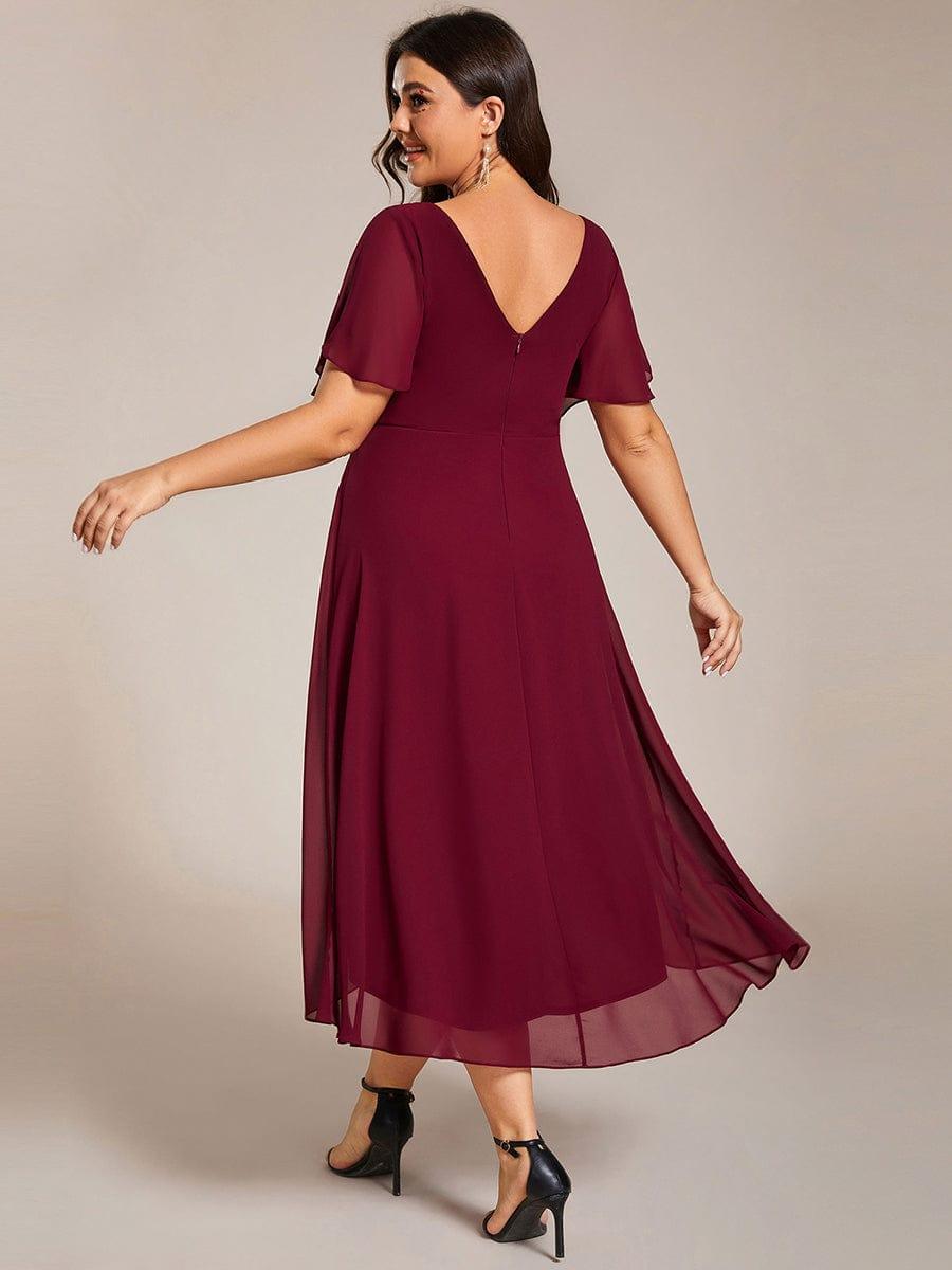 Plus Size V-Neck Pleated Chiffon Midi Wedding Guest Dress #color_Burgundy