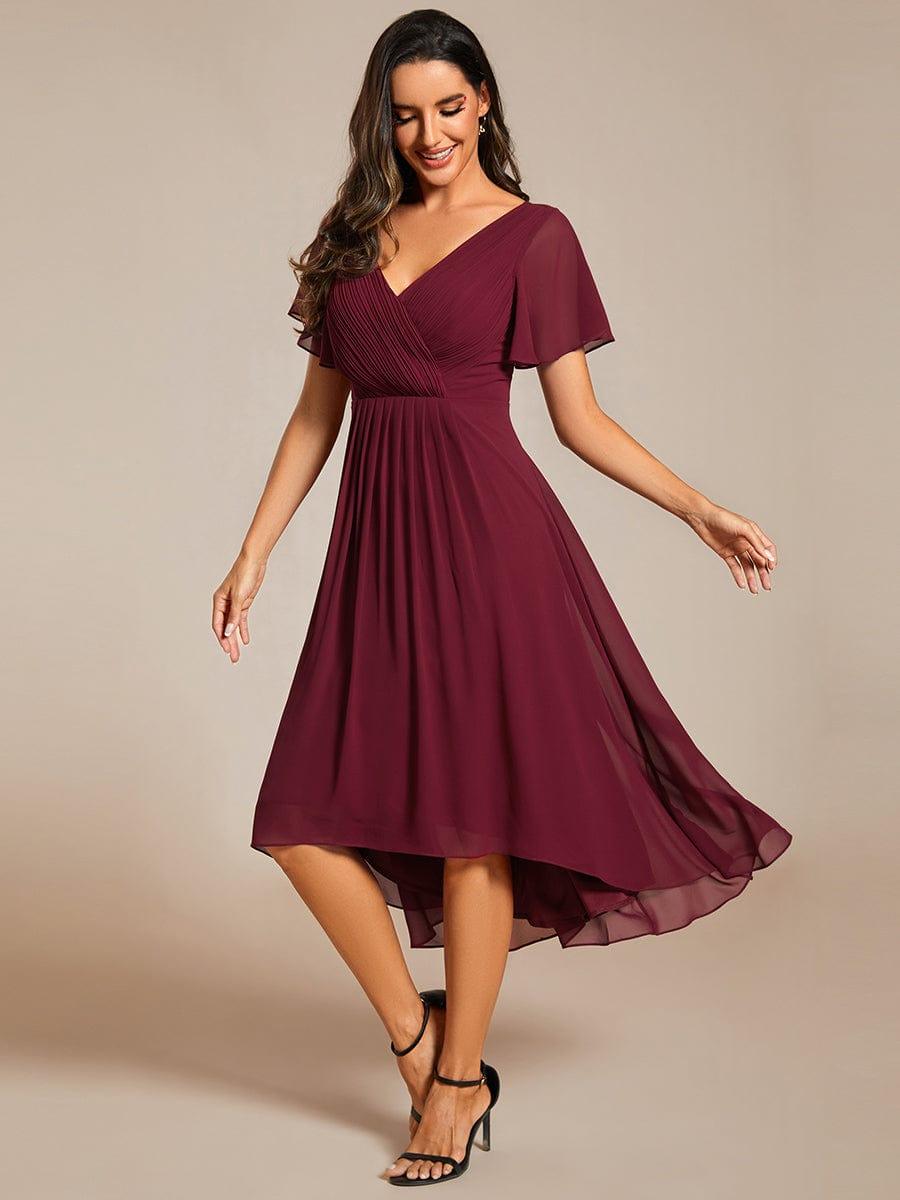 Chic V Neck Asymmetrical Hem Ruffles Sleeve Pleated Chiffon Wedding Guest Dress #color_Burgundy