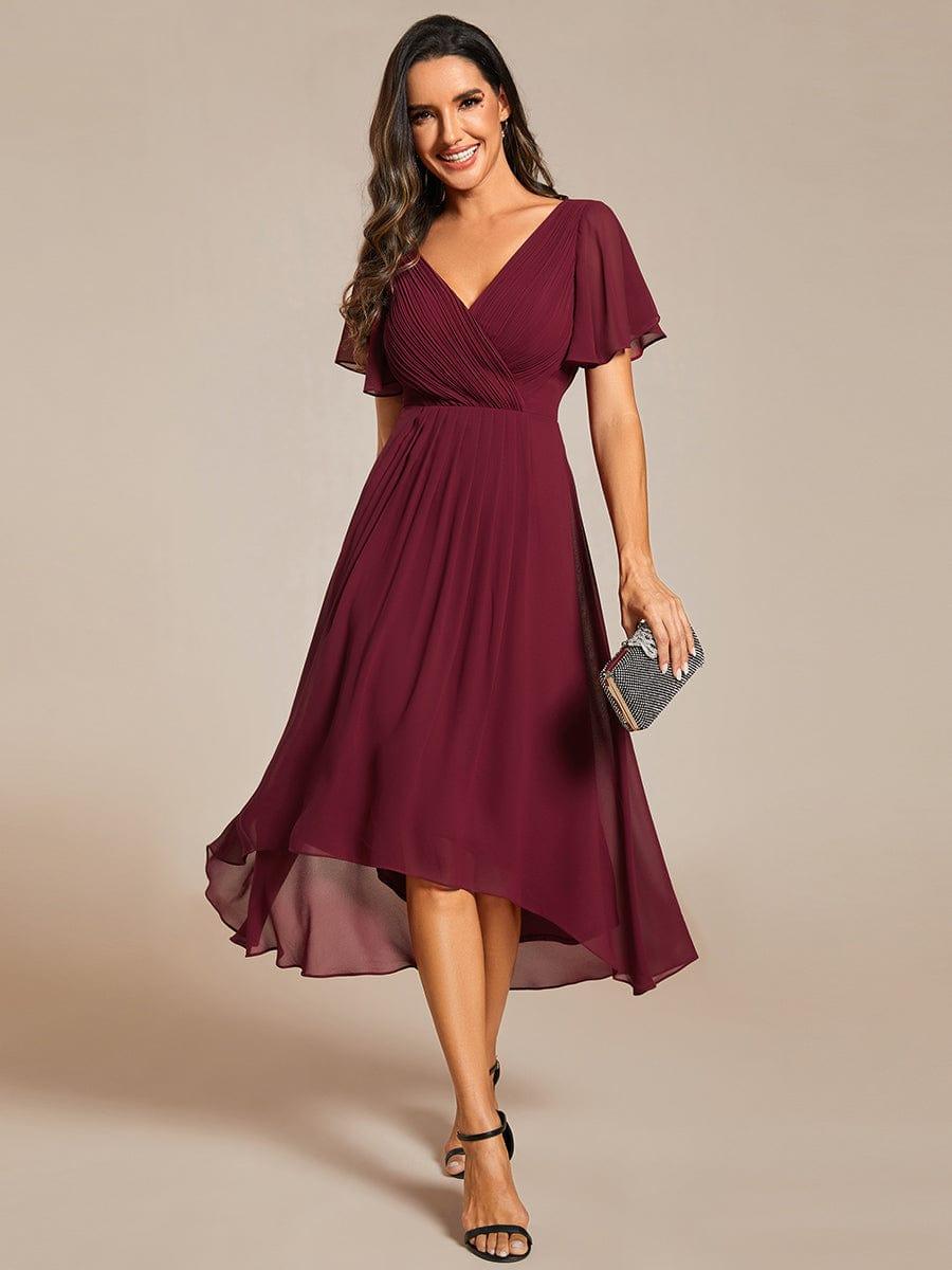 Plus Size V-Neck Pleated Chiffon Midi Wedding Guest Dress #color_Burgundy