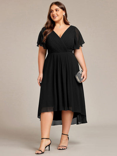 Plus Size V-Neck Pleated Chiffon Midi Wedding Guest Dress #color_Black
