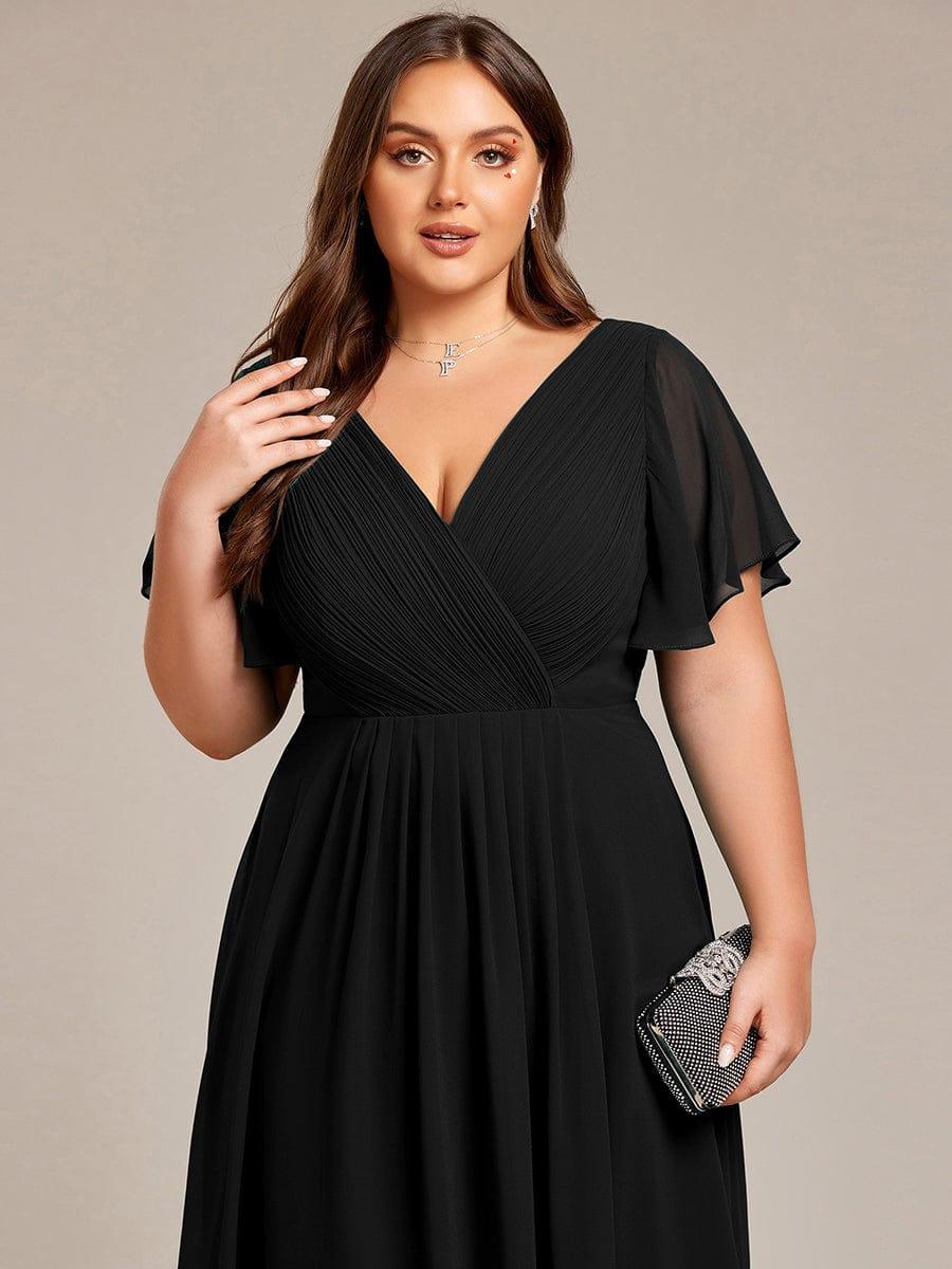 Plus Size Double V-Neck Ruffles Sleeve Chiffon Midi Wedding Guest Dress #color_Black