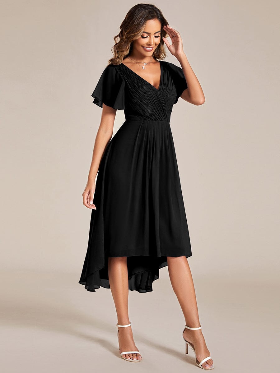 Custom Size Chic V Neck Asymmetrical Hem Ruffles Sleeve Pleated Chiffon Wedding Guest Dress #color_Black