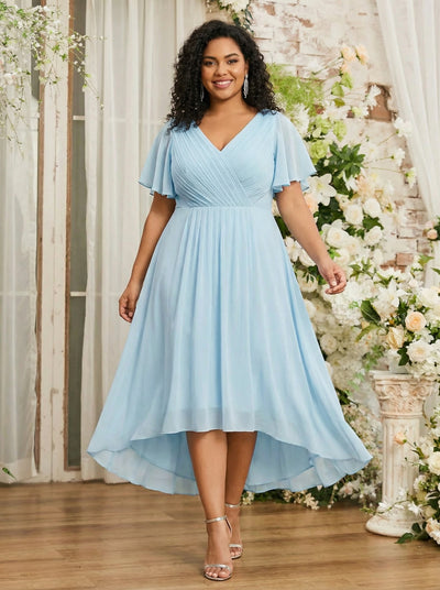 Plus Size Pleated Midi Ruffles Sleeve Chiffon Bridesmaid Dress #color_Sky Blue