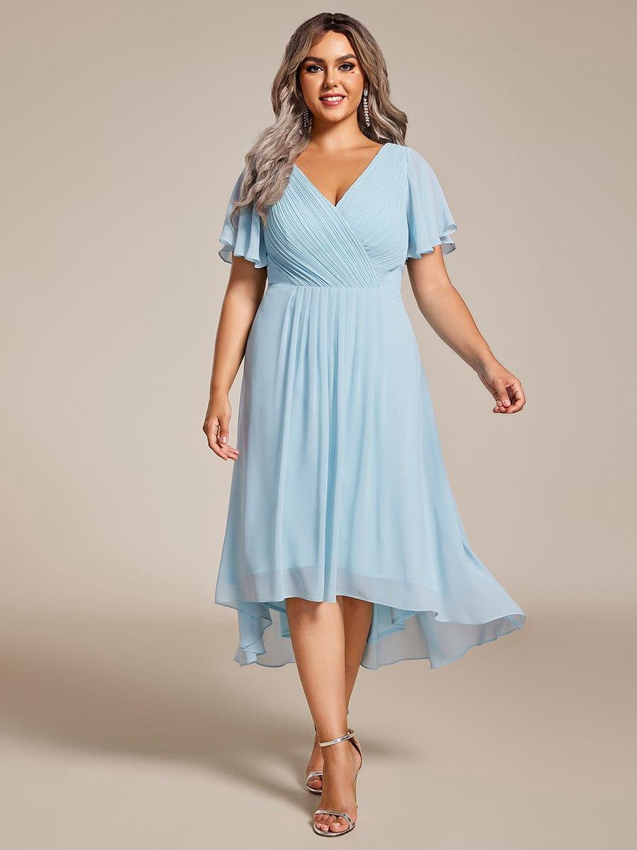 Plus Size Double V-Neck Ruffles Sleeve Chiffon Midi Wedding Guest Dress #color_Sky Blue
