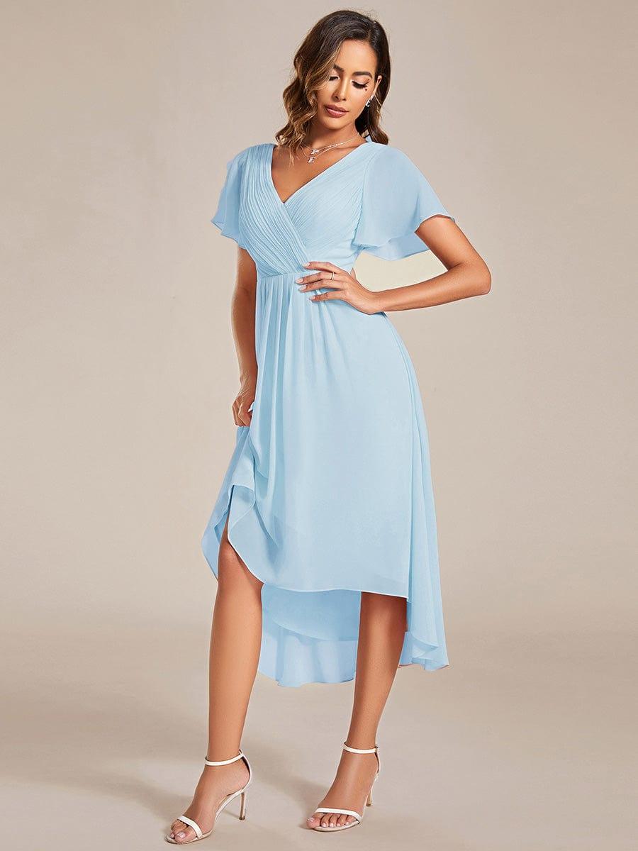 Chic V Neck Asymmetrical Hem Ruffles Sleeve Pleated Chiffon Wedding Guest Dress #color_Sky Blue