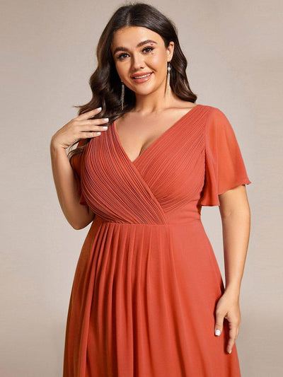 Plus Size Pleated Midi Ruffles Sleeve Chiffon Bridesmaid Dress #color_Burnt Orange