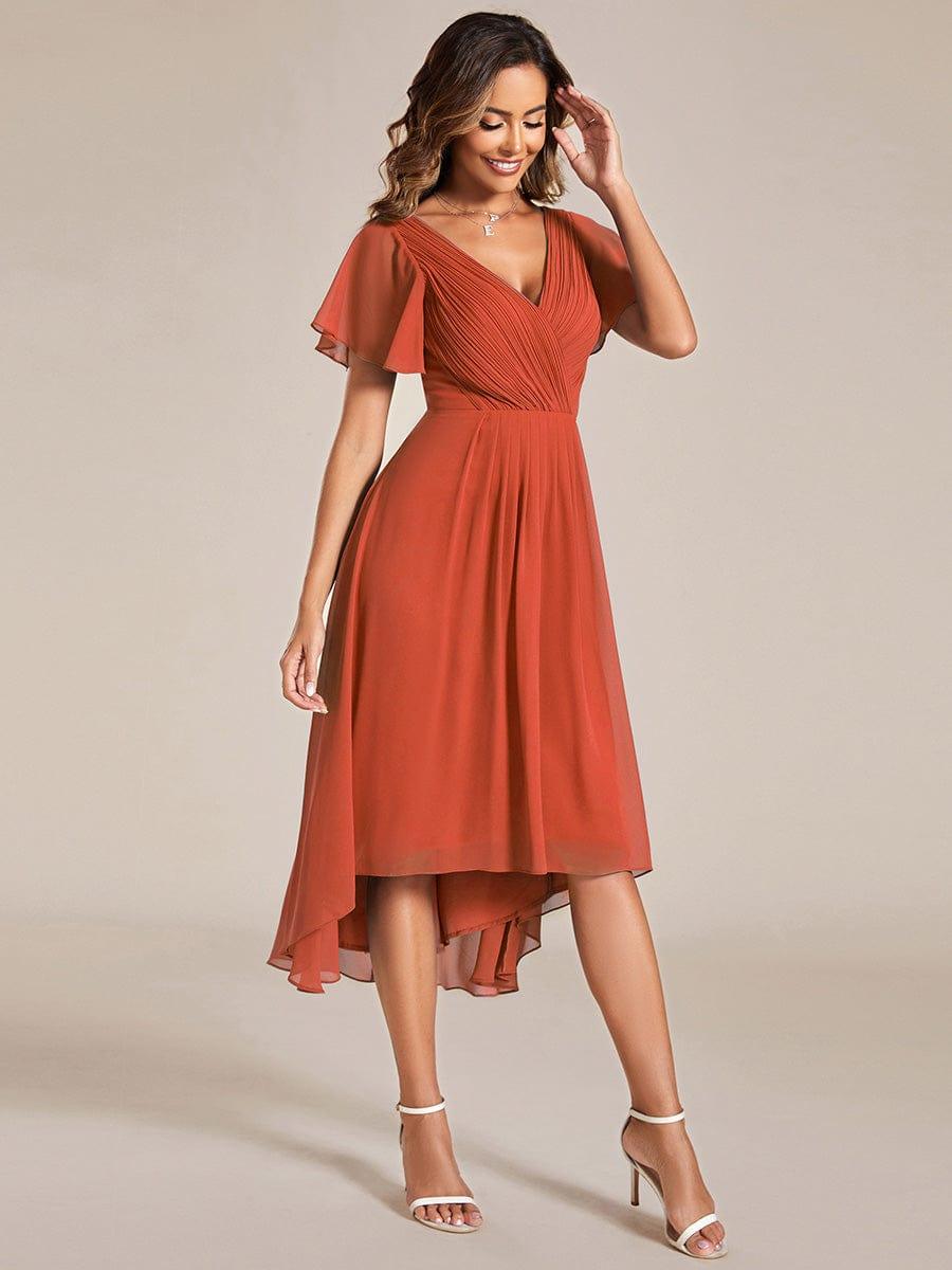 Chic V Neck Asymmetrical Hem Ruffles Sleeve Pleated Chiffon Wedding Guest Dress #color_Burnt Orange