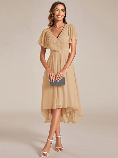 Elegant V-Neck Flowy High-Low Short Sleeve Wedding Guest Dress #color_Champagne