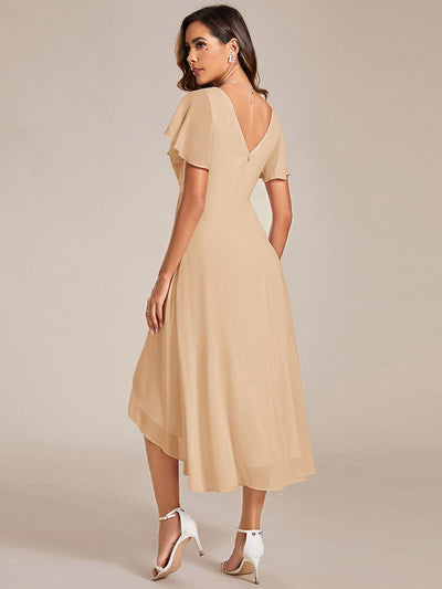 Elegant V-Neck Flowy High-Low Short Sleeve Wedding Guest Dress #color_Champagne