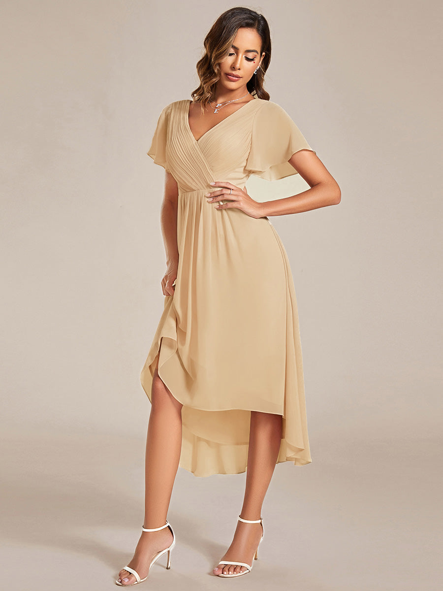 Pleated Asymmetrical Hem Ruffles Sleeve Chiffon Bridesmaid Dress #color_Champagne