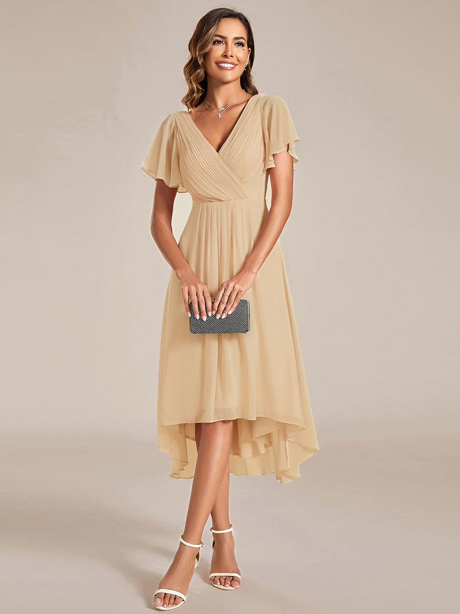 Pleated Asymmetrical Hem Ruffles Sleeve Chiffon Bridesmaid Dress #color_Champagne