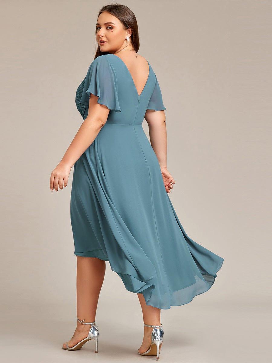 Plus Size Double V-Neck Ruffles Sleeve Chiffon Midi Wedding Guest Dress #color_Light Teal