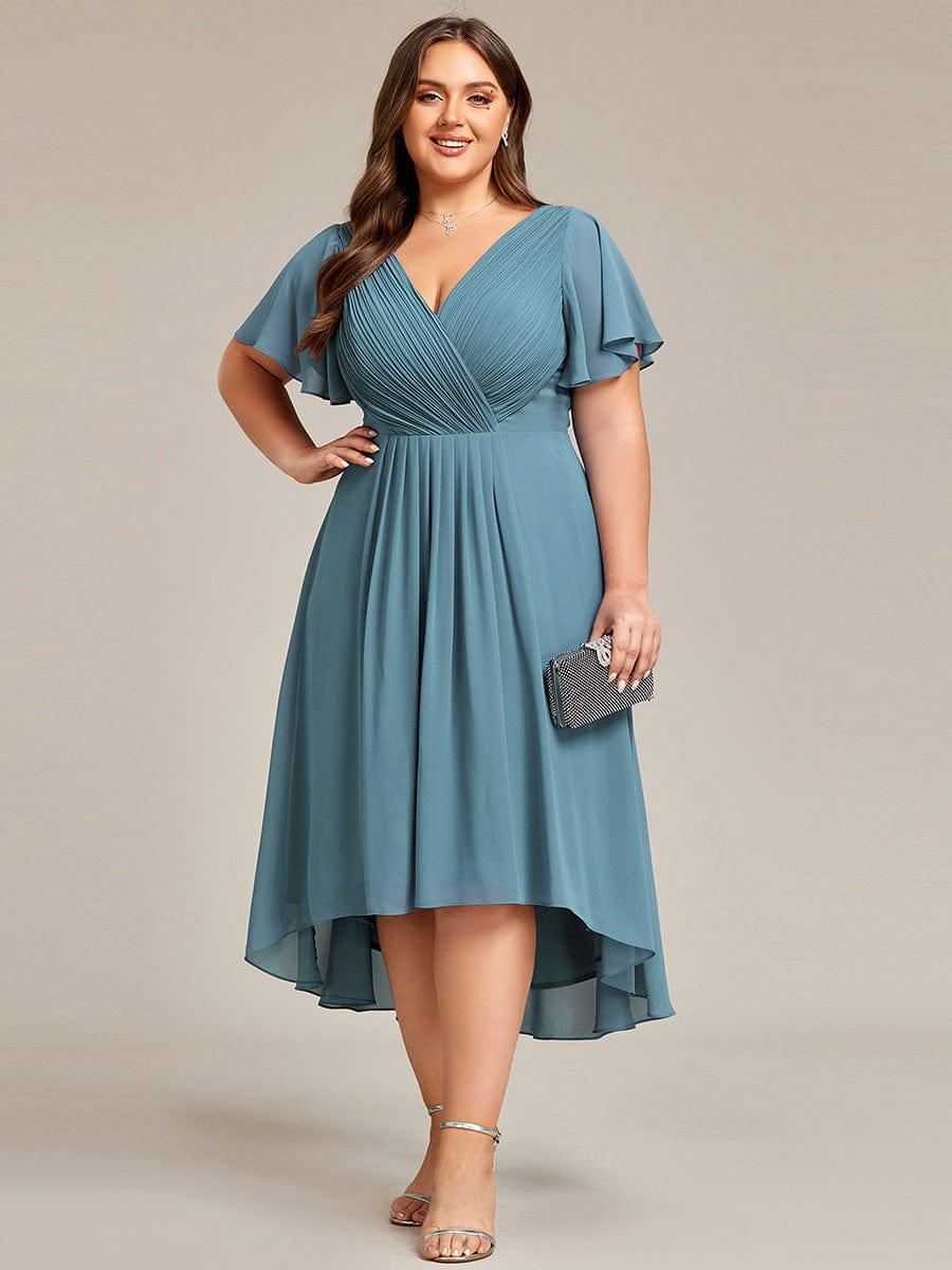 Plus Size Double V-Neck Ruffles Sleeve Chiffon Midi Wedding Guest Dress #color_Light Teal
